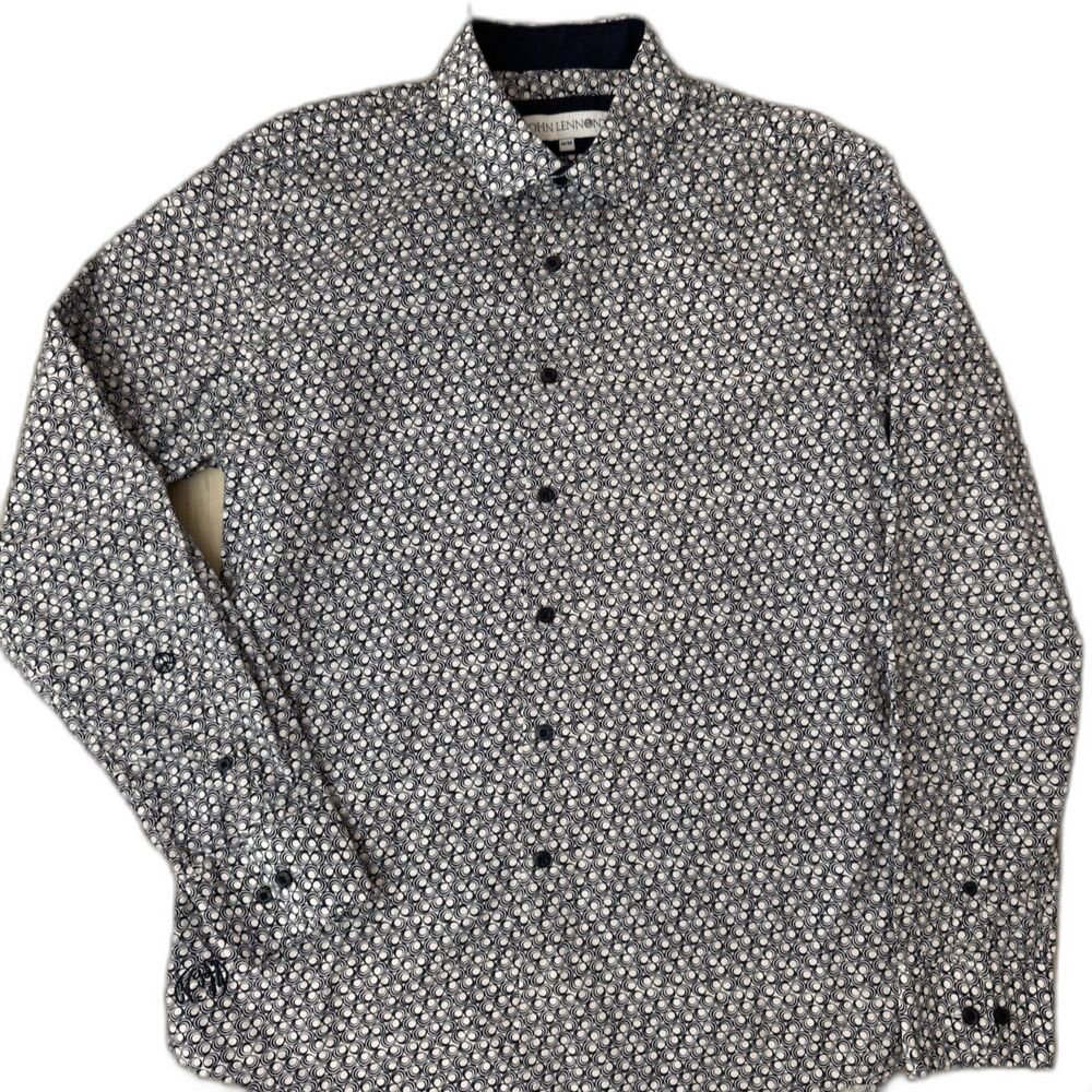 John Lennon Men's M Navy White Circle Print Button Up Shirt Peace Logo Retro - Picture 2 of 14